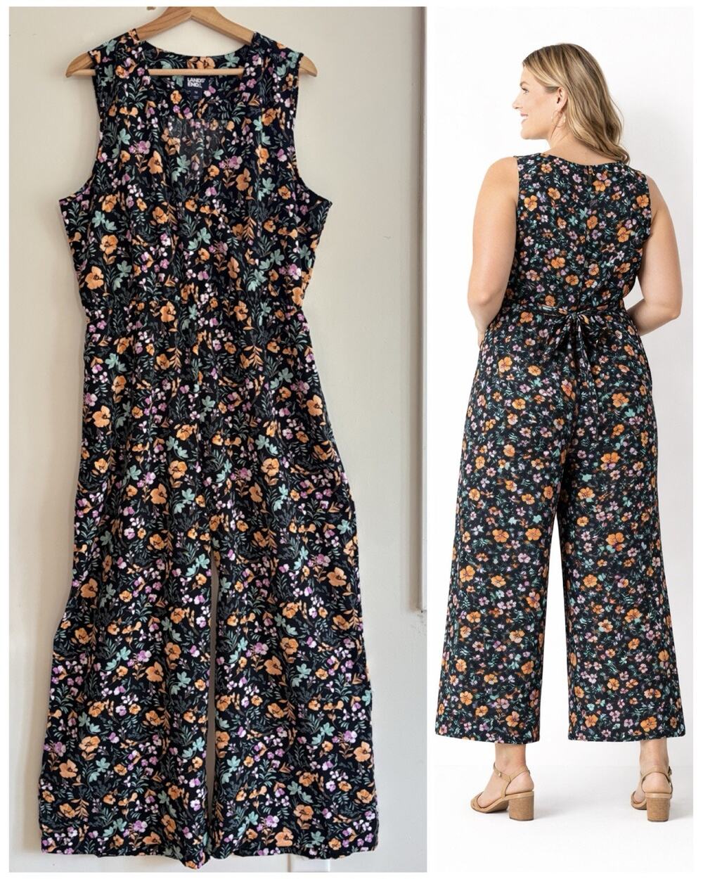 Lands End Floral Wide Leg Jumpsuit Size 16 V-Neck Sleeveless Cropped Tie Belt